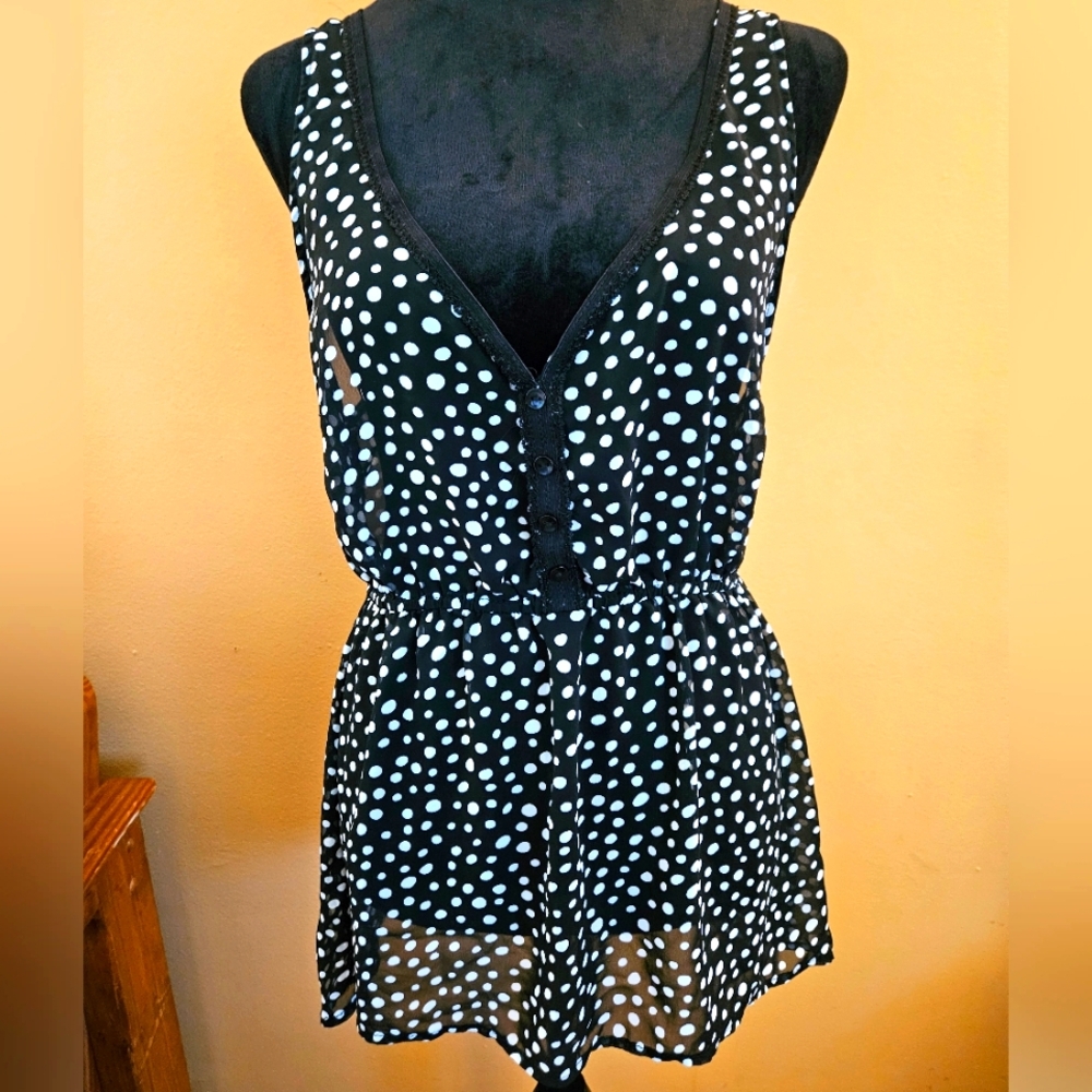 Black and White Polka Dot Sheer Sleeveless Tunic